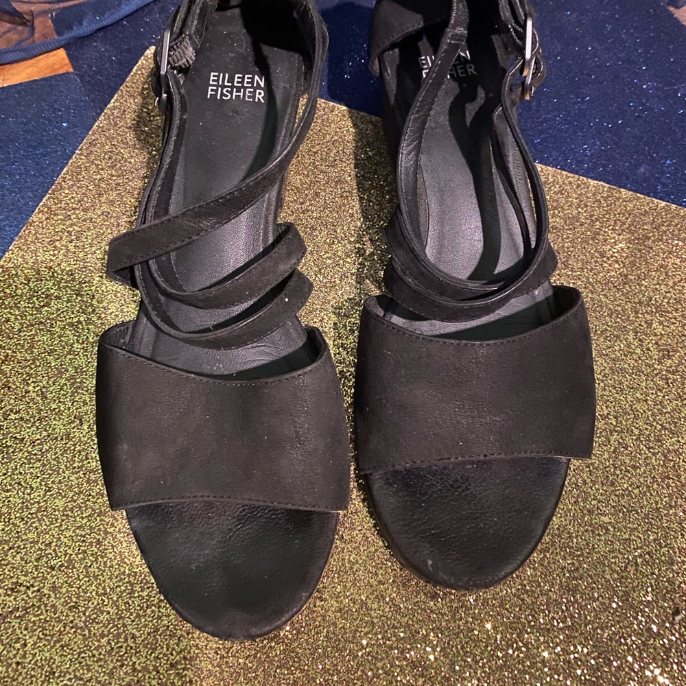 EILEEN FISHER SUEDE LEATHER STRAPPY EDGY CLASSIC BLOCK HEEL Sandals GORG - Picture 8 of 15